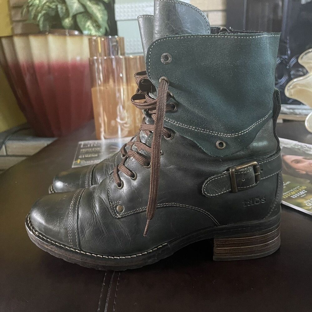 Taos Crave Green Leather Urban Combat Boots Round Toe 41/ US 10-10.5 - Picture 7 of 12